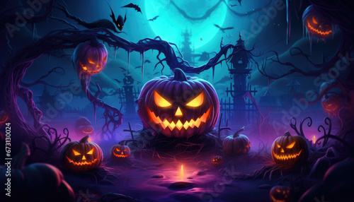 Spooky dark halloween background design with neon lights