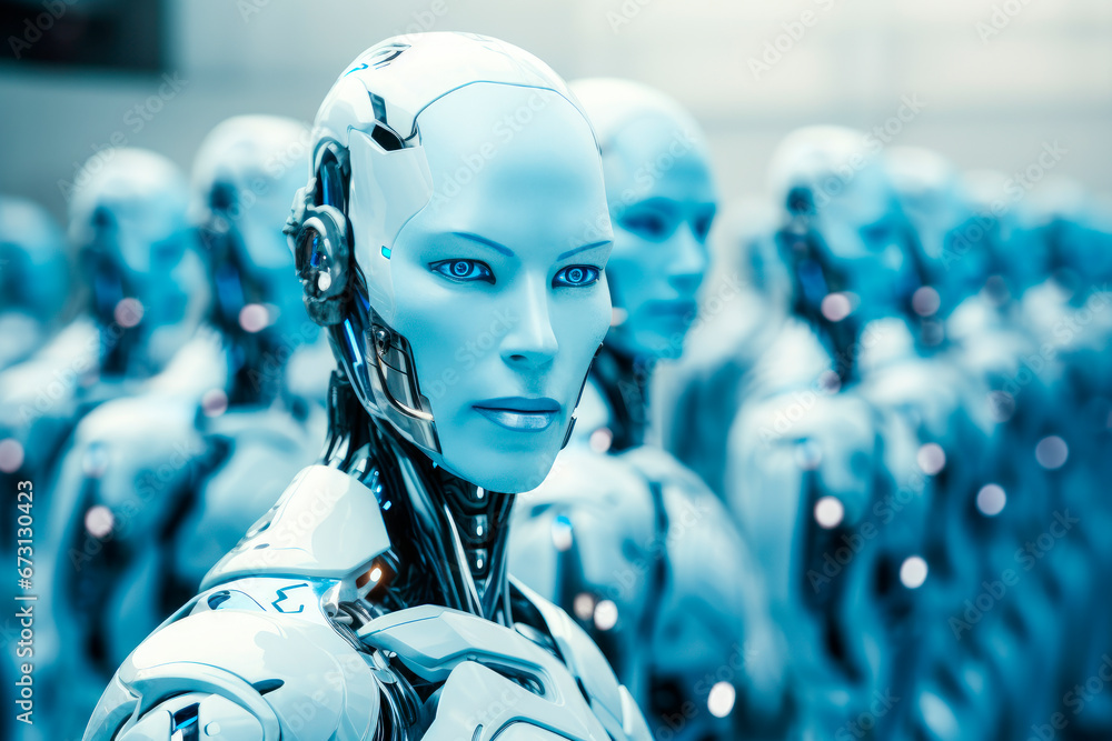 Group of of artificial intelligence female robots in a factory Group of of artificial intelligence female robots in a factory