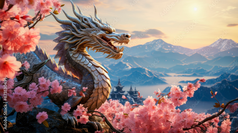 Happy chinese new year 2024 the dragon zodiac sign with blooming trees and mountains background. - obrazy, fototapety, plakaty 