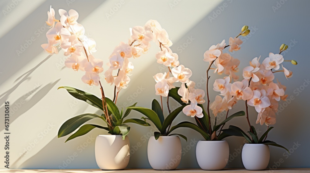 Light pink orchids in white pots on a white wall background Light pink orchids in white pots on a white wall background