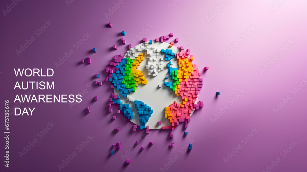 World autism awareness day banner.An abstract model of the earth made of a variety of colorful cubes. - obrazy, fototapety, plakaty 