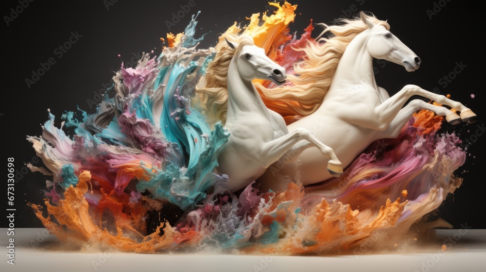 two horses are born from a splash of colors