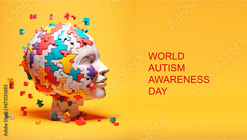 World autism awareness day banner.A human head made of a variety of colorful small jigzaw puzzle. photo