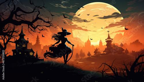 Witch and haunted house silhouette sunset background for brochure design