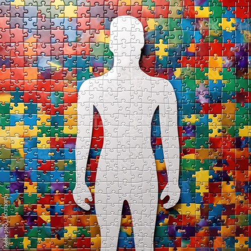 A human silhouette made of white puzzles against a background of many colorful puzzles. Personality breakdown, autism, personality development