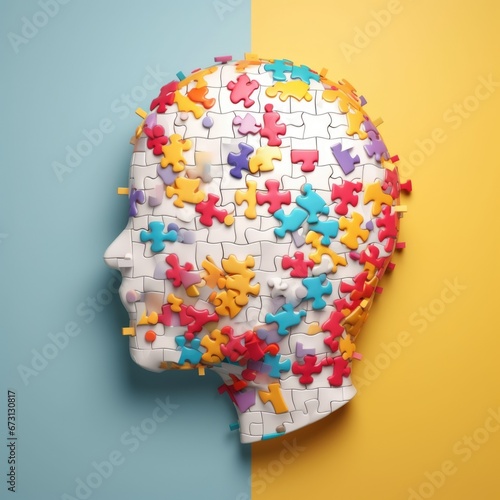 A human head made of a variety of colorful small jigzaw puzzle. The concept of personality development and treatment of autism and other mental disorders