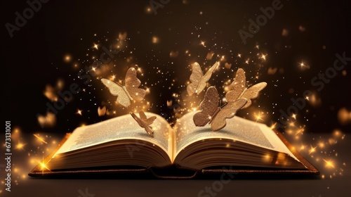 a lot of golden butterflies fly out of an open book on dark background . Advertising of romantic literature