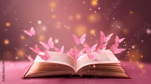 Pink book with butterflies flying out of it.perfect for fantasy and literature backgrounds. Girl's book.romance theme, butterflies © StasySin