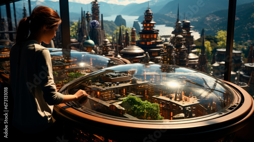 Woman Observing Futuristic City Model.
A young woman attentively studies a detailed scale model of a futuristic, sustainable city, highlighting the intersection of urban planning and technology.
