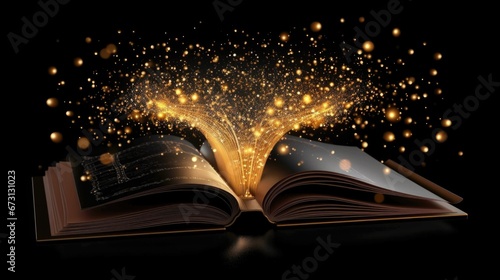 A magical open book on a dark background with light and gold dust floating from the book.