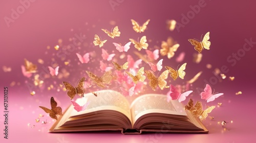 a lot of golden butterflies fly out of an open book on pink background . Advertising of romantic literature © StasySin
