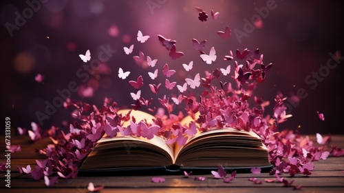 Beautiful pink butterflies fly out of an open book © StasySin