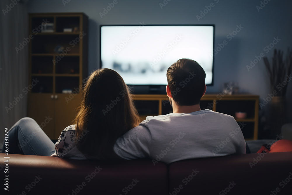 Back view of young couple sitting on couch watching tv at home Back view of young couple sitting on couch watching tv at home