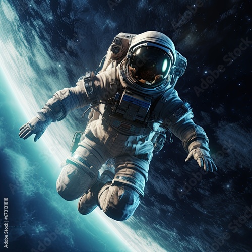 Astronaut in space blue and green earth atmosphare on the background  astraunaut flying on space