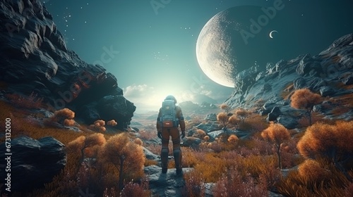 Astronaut on a futuristic exoplanet alien landscapes, mysterious flora and a sky filled with otherworldly constellations