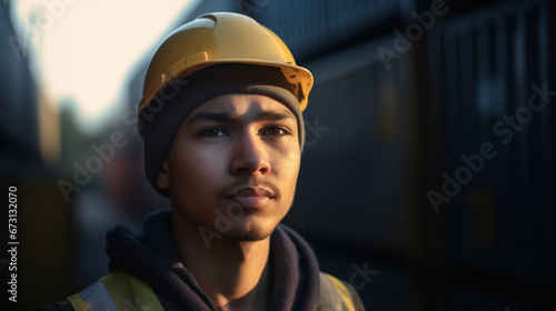 Worker at container terminal working at harbour wearing helmet, nice light