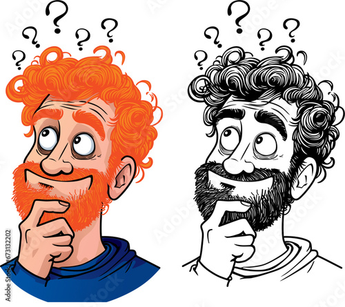 pensive red bearded young man, vector drawing