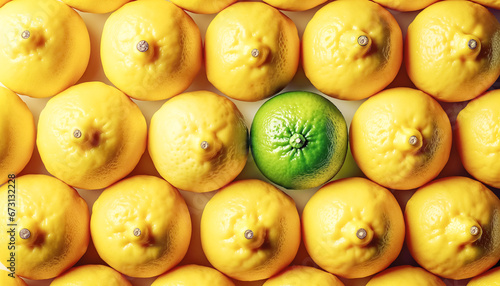 Standing out from the crowd concept. Lime among lemons