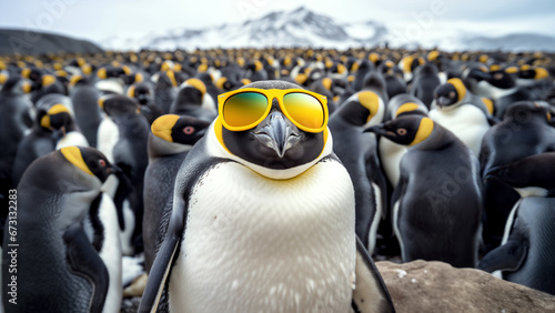 Stand out concept. Penguin in yellow sunglasses against the backdrop of penguin colony photo