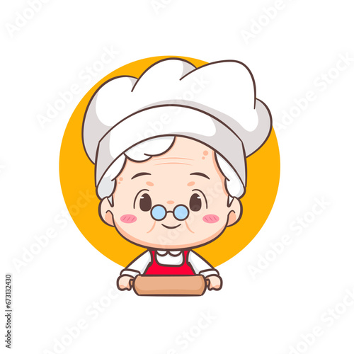 Cute grandmother chef cartoon. Grandma cooking logo vector art. People Food Icon Concept. restaurant and homemade culinary logo