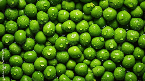 Water Drops on Top View Group of Green Peas with Copy Space Green Background Selective Focus