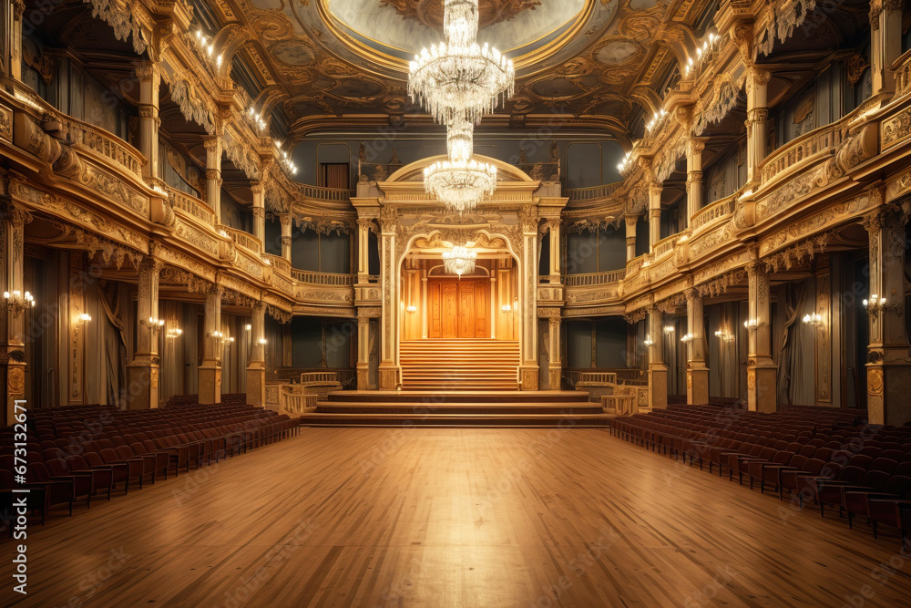 Interior of the opera hall, classical architecture of entertainment performances, ballet, theater. AI generated.