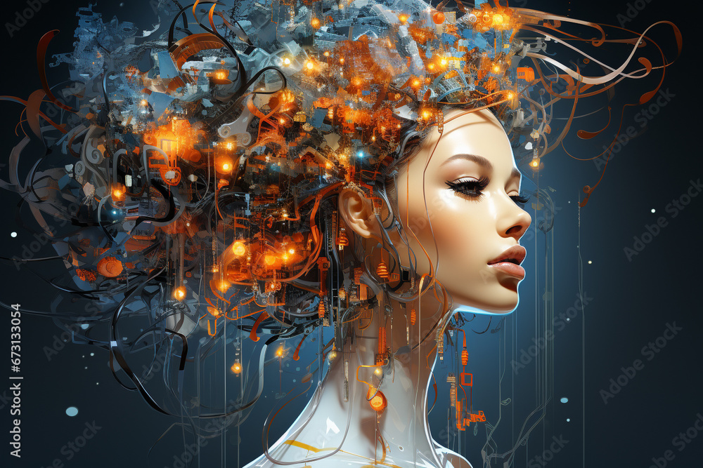 A stunning fusion of humanity and technology. Explore the IT metaverse through a beautiful woman cyborg. Ai generated