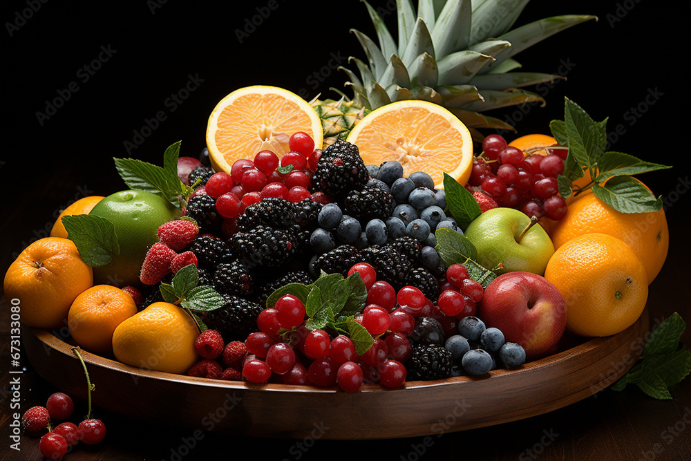 A stunning studio display of delicious and exotic fruits arrangement. Ai generated A stunning studio display of delicious and exotic fruits arrangement. Ai generated