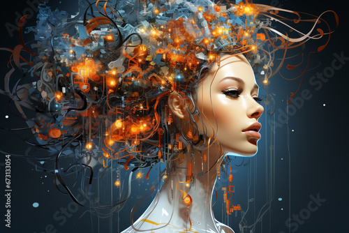 A stunning fusion of humanity and technology. Explore the IT metaverse through a beautiful woman cyborg. Ai generated