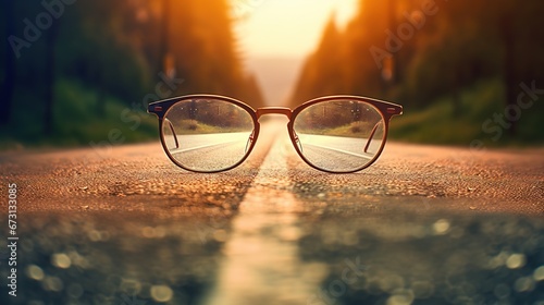glasses on the road at sunset