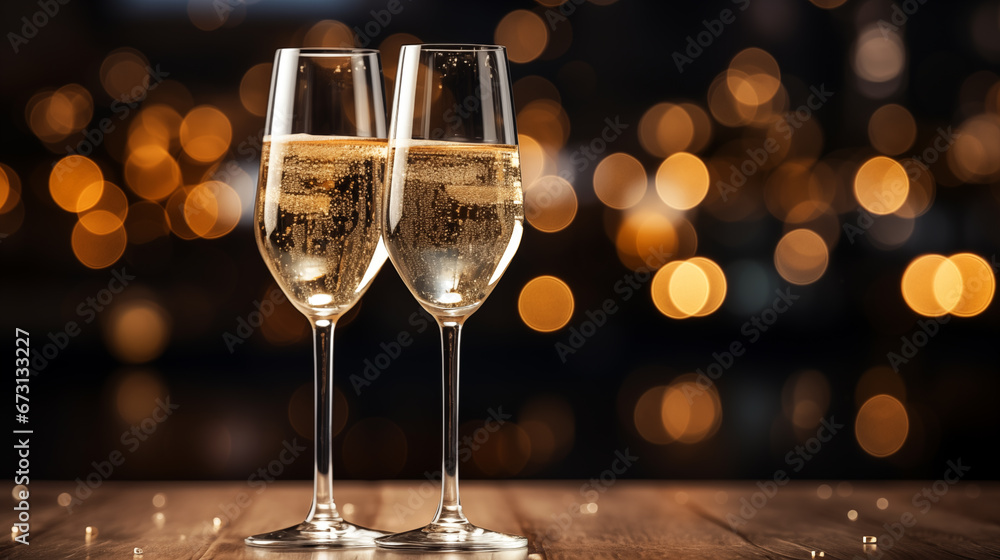 Two crystal glasses with champagne on an elegant table with dark blurred background and festive lights. Concept of holidays and gifts. AI generated content. Two crystal glasses with champagne on an elegant table with dark blurred background and festive lights. Concept of holidays and gifts. AI generated content.