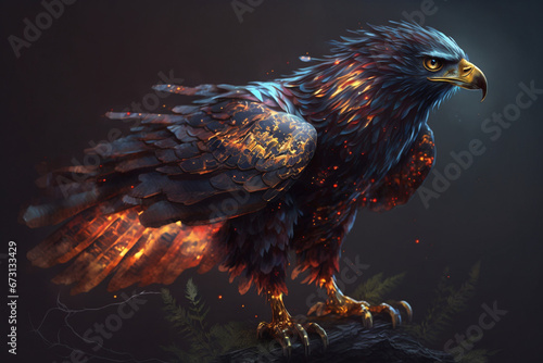 A captivating illustration of an eagle engulfed in translucent fire flames, a symbol of power and freedom. Ai generated © dragomirescu