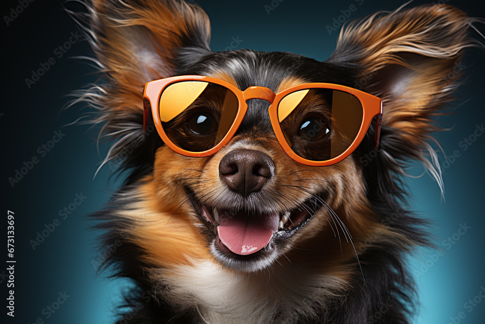 A humorous studio portrait of a party dog pet with stylish sunglasses. Ai generated A humorous studio portrait of a party dog pet with stylish sunglasses. Ai generated