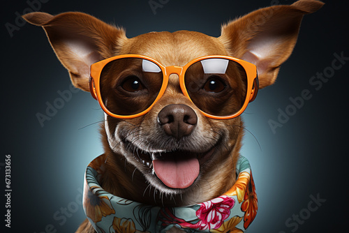 A humorous studio portrait of a party dog pet with stylish sunglasses. Ai generated