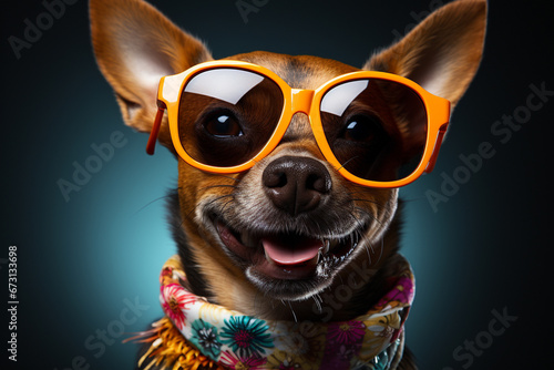 A humorous studio portrait of a party dog pet with stylish sunglasses. Ai generated