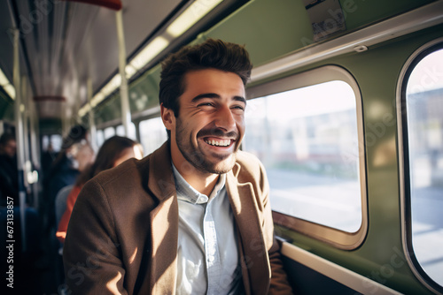 Happy attractive man smiling while traveling in train © AspctStyle