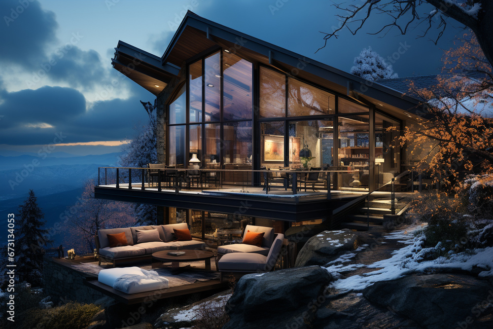 A tranquil retreat in the snow covered mountains. Experience the charm of a cozy wood cabin. Ai generated A tranquil retreat in the snow covered mountains. Experience the charm of a cozy wood cabin. Ai generated