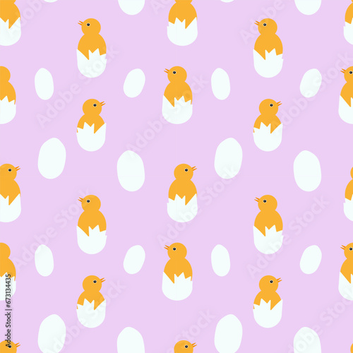 simple pattern with cute chickens and eggs on a delicate lilac background