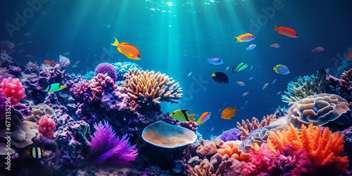 Beautiful sea deep or ocean underwater with coral reef as a background