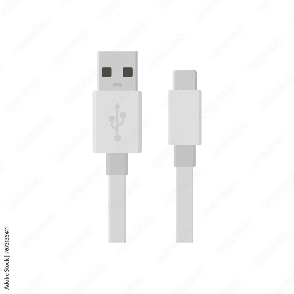 usb cable flat design vector illustration isolated on white background. Connectors and sockets for PC and mobile devices. Computer peripherals connector or smartphone recharge supply usb cable flat design vector illustration isolated on white background. Connectors and sockets for PC and mobile devices. Computer peripherals connector or smartphone recharge supply