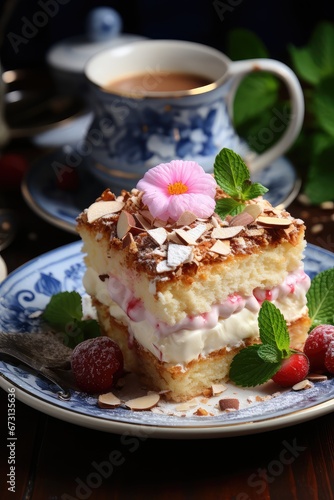 Sponge cake with berries and cream.
