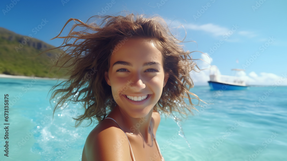 Naklejka premium Close up portrait of happy young woman in bikini playing in water and making splash on summer vacation holiday