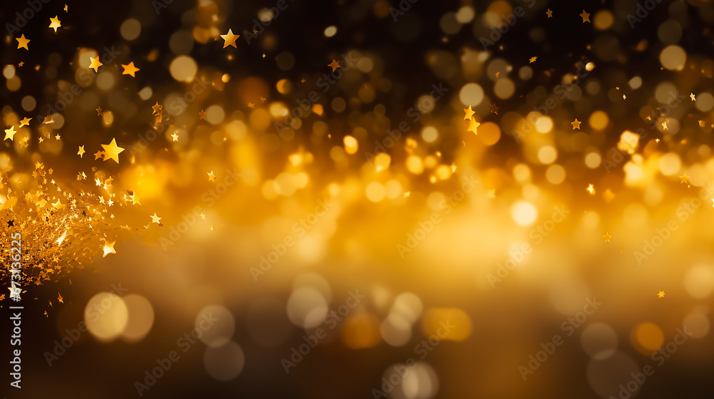 Christmas and New Year festive background. Golden stars on dark blurred bokeh background with copy space for text. The concept of Christmas and New Year holidays