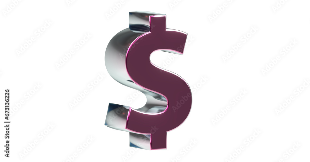 Dollarzeichen violette plakative metallische 3D-Schrift, Finanzen, Symbol, Aktien, Dollar, Preis, Kosten, Prämie, Gutschrift, Gewinn, Kapital, Business
