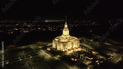 Aerial LDS Red Cliff Temple St George Utah night circle. Red Cliff Temple, The Church of Jesus Christ of Latter-day Saints, LDS or Mormon religion. Eternal family ordnances. Beautiful sacred building. photo