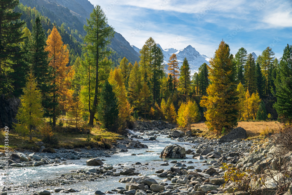 Herbst im Val Roseg, Ova da Roseg, Pontresina, Engadin, Kanton Graubünden, Schweiz, Herbst im Val Roseg, Ova da Roseg, Pontresina, Engadin, Kanton Graubünden, Schweiz,