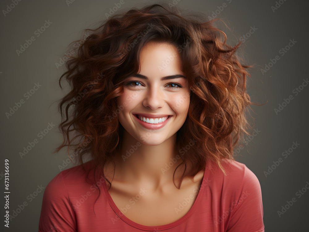 human face expression a potrait of a young woman with curly hair smiling in front of the camera grey background AI Generate human face expression a potrait of a young woman with curly hair smiling in front of the camera grey background AI Generate