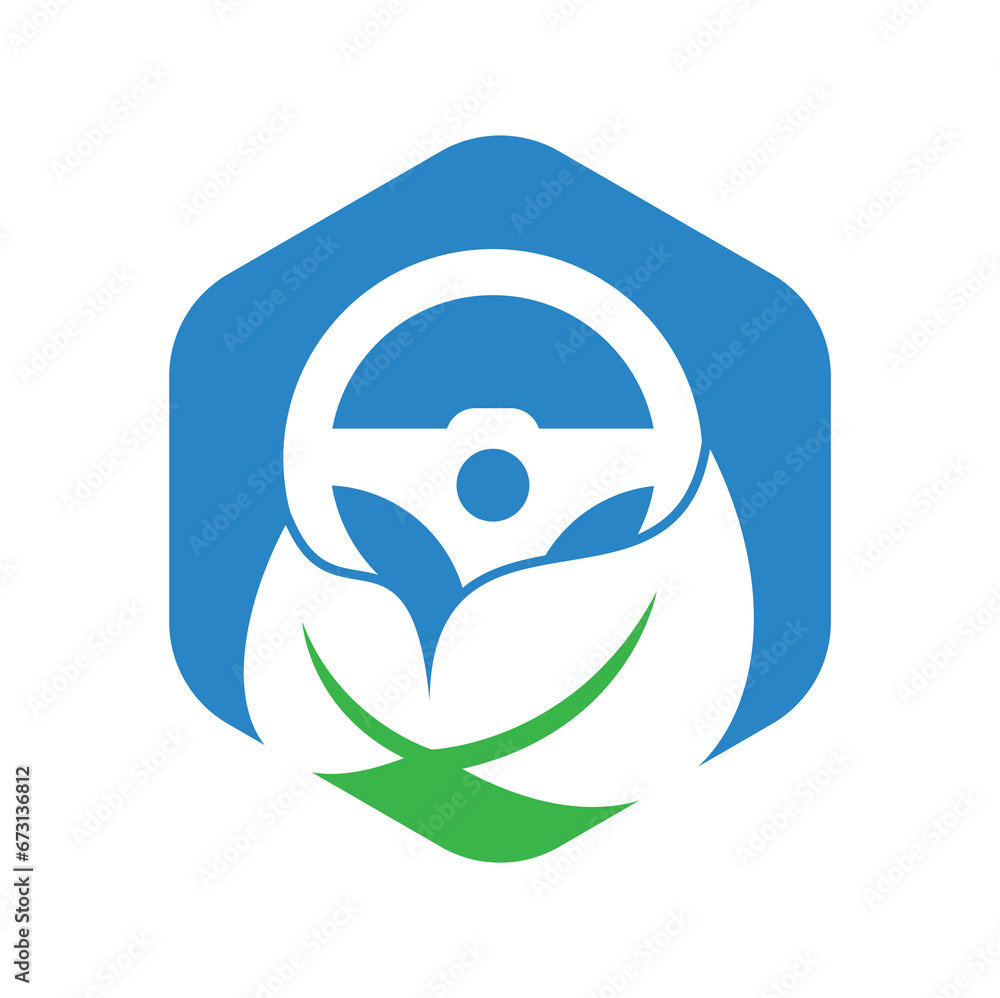 Leaf steering vector logo design. Steering wheel and eco symbol or icon.