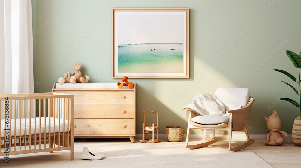 Obraz premium Mock up frame in children room with natural wooden modern living room