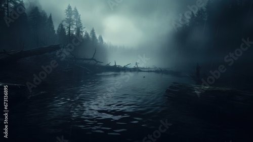 misty landscape of a forest at a lake with fog in the morning hours. 